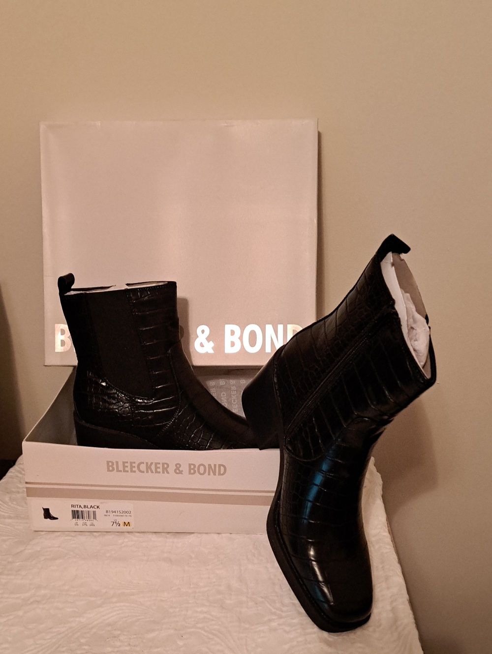 Bleecker & Bond Black Croc-Embossed Ankle Boots